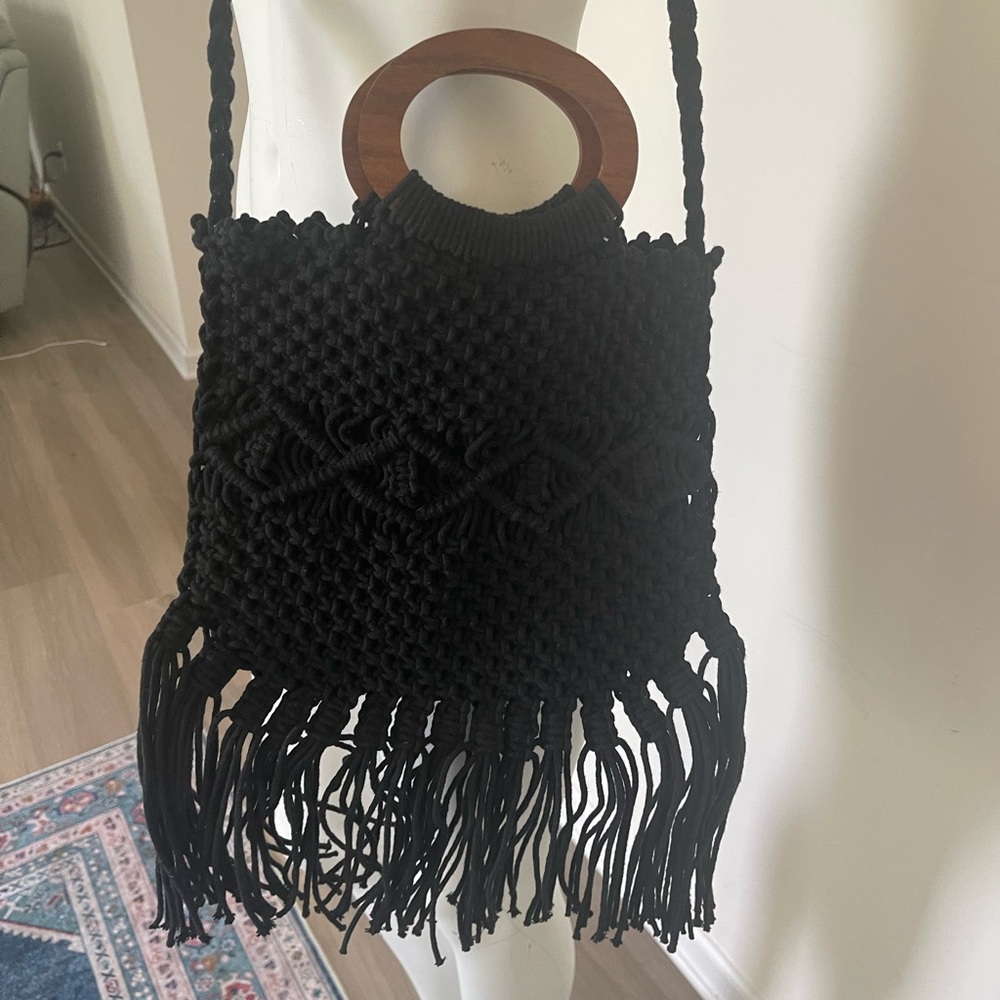 Danielle Nicole boho Black Fringe Crossbody Nag Purse with Brown Handle Box